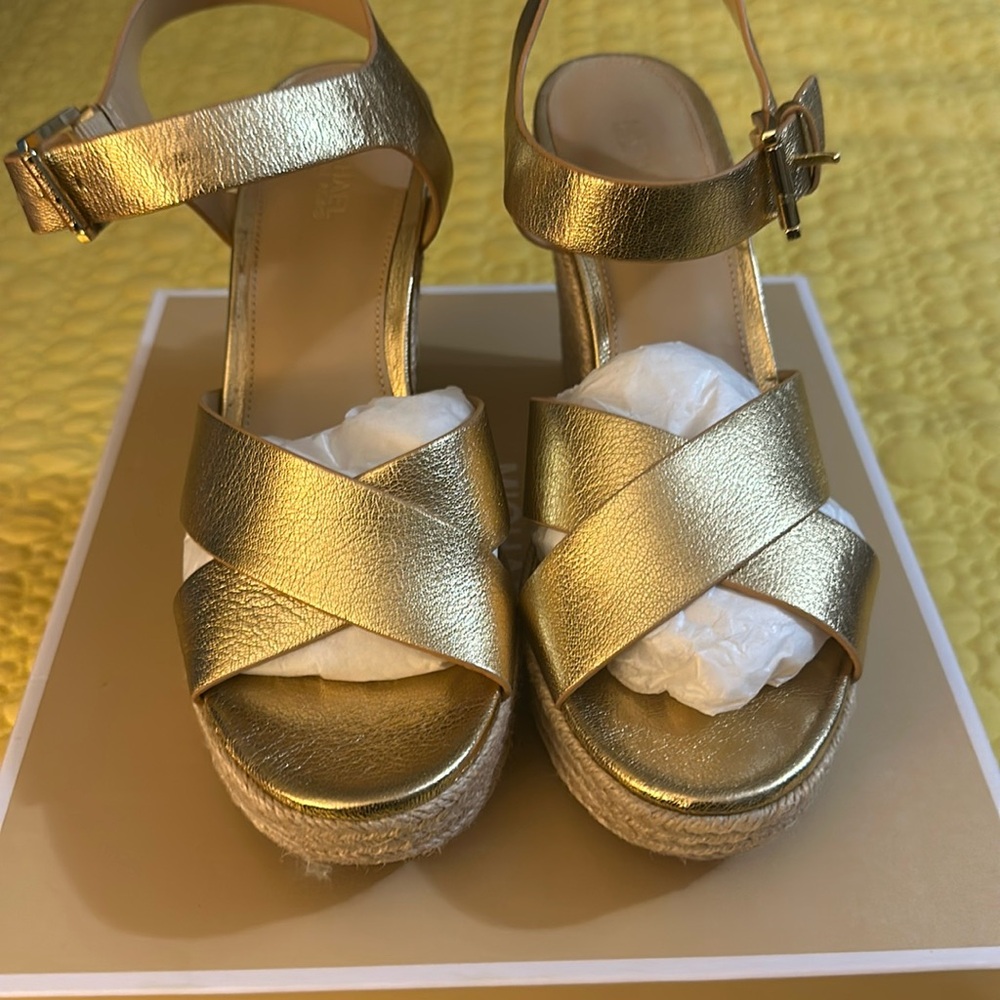 Michael Kors Kady Gold Leather 4 inch Wedge Sandals. New in box. Never worn.